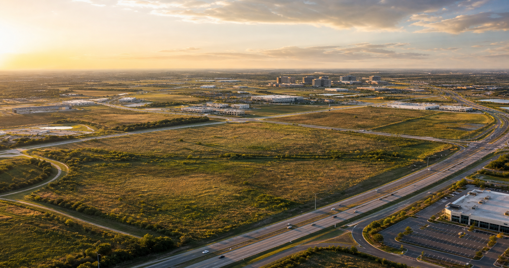 Texas land corridor with commercial development roads and institutional buildings